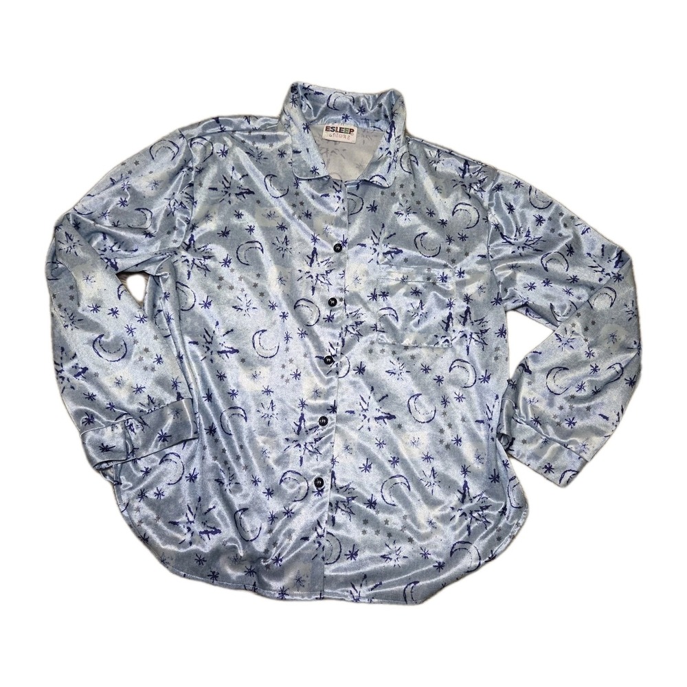 ESLEEP Juniors Satin Pajama Top Blue Moon‎ Stars Celestial Sleep Shirt Small